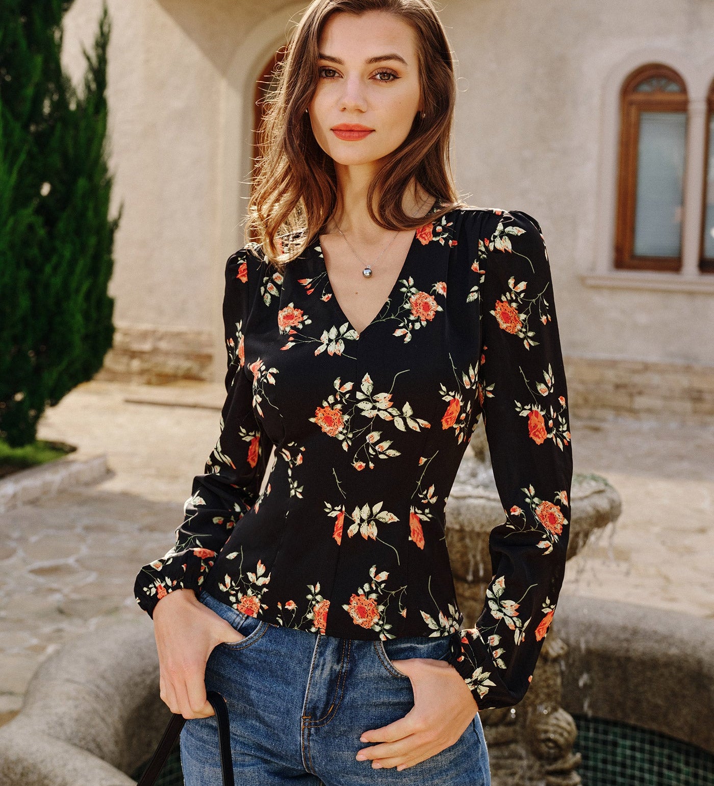 Women's Woven Polyester Blouses Black Tops - RIHOAS